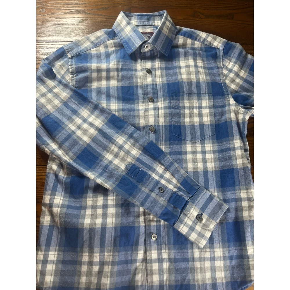 Untuckit Mens Flannel Slim Button Down Shirt Blue White Plaid Cotton Size XS EUC